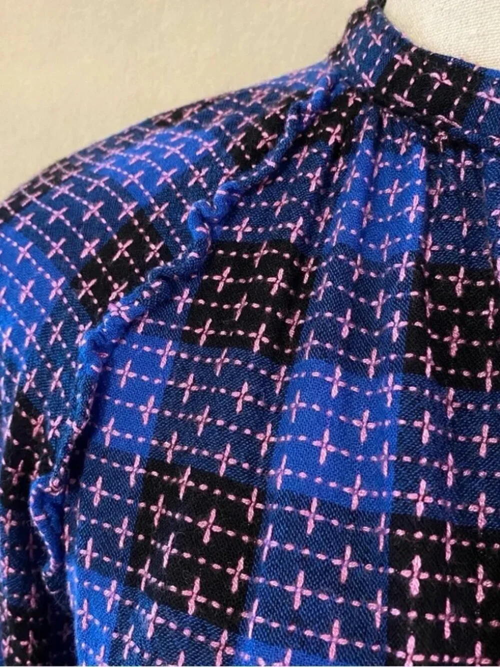 Pilcro Anthropologie blue pink black plaid ruffle button down shirt